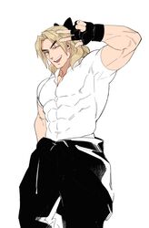  1boy alternate_costume bara biceps black_pants blonde_hair bow contrapposto covered_abs dougi feet_out_of_frame fingerless_gloves gloves grin hairbow highres ken_masters long_hair looking_at_viewer male_focus muscular muscular_male one_eye_closed pants pectorals shirt smile solo standing street_fighter taut_clothes taut_shirt thick_eyebrows v white_shirt yuiofire 