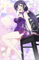  absurdres bead_bracelet beads blush bracelet breasts china_dress chinese_clothes cleavage_cutout clothing_cutout commentary_request dress female floral_background floral_print green_eyes high_heels highres jewelry large_breasts looking_at_viewer love_live! love_live!_school_idol_festival love_live!_school_idol_project low_twintails on_chair open_mouth purple_hair side_slit signature sitting smile teeth tojo_nozomi twintails upper_teeth_only white_footwear zero-theme 