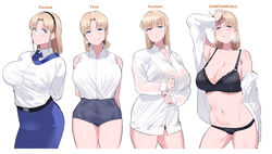  absurdres arm_up arms_behind_back black_bra black_panties blonde_girl_(okpriko) blonde_hair blue_eyes blue_necktie blue_shorts blue_skirt blush bra breasts cleavage closed_mouth collared_shirt commentary cowboy_shot curtain_call_challenge_(meme) denim denim_shorts dress_shirt english_commentary english_text female hand_on_own_head heavy_breathing highres impossible_clothes impossible_shirt large_breasts legs_apart long_hair long_sleeves looking_at_viewer meme multiple_views navel necktie neckwear_lift no_pants off_shoulder okpriko open_clothes open_shirt original panties parted_bangs parted_lips see-through see-through_shirt shirt shirt_tucked_in shorts simple_background skirt sleeveless sleeveless_shirt smile stomach sweat tareme taut_clothes taut_shirt tented_shirt thighs underwear white_background white_shirt 