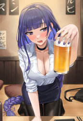  absurdres alcohol alternate_costume arm_support bad_id bad_twitter_id beer black_bag black_choker black_pantyhose blue_skirt blunt_bangs blush bra_visible_through_clothes braid breasts choker cleavage collared_shirt cushion dress_shirt drink drunk female full_body genshin_impact hair_intakes highres holding holding_drink indoors kneeling large_breasts leaning_forward long_hair looking_at_viewer low-braided_long_hair low-tied_long_hair mole mole_under_eye nail_polish no_shoes office_lady open_mouth pantyhose partially_unbuttoned pov_across_table purple_eyes purple_hair purple_nails raiden_shogun red_eyes saliva shirt shocho sidelocks single_braid skirt solo table very_long_hair white_shirt 