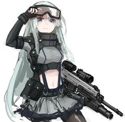  adjusting_goggles ammunition_pouch arm_up assault_rifle belt_pouch black_gloves black_pantyhose blue_eyes clothing_cutout commentary cowboy_shot crop_top cz-805_(girls&#039;_frontline) cz_805_bren female fingerless_gloves girls&#039;_frontline gloves goggles goggles_on_head grenade_launcher grey_hair grey_skirt gun hair_between_eyes hand_on_goggles holding holding_gun holding_weapon long_hair looking_at_viewer miniskirt navel navel_cutout optical_sight pantyhose parted_lips pleated_skirt pouch rampart1028 rifle sidelocks simple_background skirt solo stomach underbarrel_grenade_launcher weapon white_background 