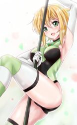  akatsuki_kirika armpits ass blonde_hair breasts elbow_gloves female gloves green_eyes green_leotard highres leotard looking_at_viewer medium_breasts pole pole_dancing r-binon senki_zesshou_symphogear shiny_skin short_hair solo striped_clothes striped_thighhighs stripper_pole thighhighs 