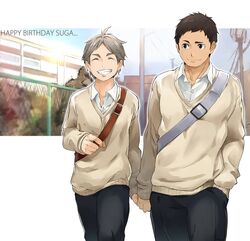  2boys 8_(yamalu) brown_eyes brown_hair commentary_request grey_hair haikyuu!! highres looking_at_viewer male_focus mole mole_under_eye multiple_boys muscular muscular_male open_mouth sawamura_daichi shirt short_hair sideburns smile sugawara_koushi 