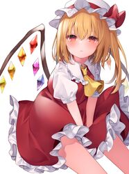  absurdres ascot between_legs blonde_hair blush bow closed_mouth crystal feet_out_of_frame female flandre_scarlet flat_chest frilled_shirt_collar frills from_above furrowed_brow hair_between_eyes hand_between_legs hat hat_bow highres komomo_(ptkrx) light_frown looking_at_viewer medium_hair mob_cap one_side_up petticoat puffy_short_sleeves puffy_sleeves red_bow red_eyes red_skirt red_vest short_sleeves simple_background sitting skirt solo touhou v_arms vest white_background white_hat wings yellow_ascot 