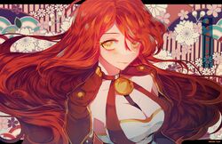  abstract_background arm_ribbon armor artist_name blush breasts cleavage closed_mouth collar commentary commission english_commentary english_text eyelashes eyeshadow female floral_background gold_trim hoshi-pan large_breasts long_hair looking_at_viewer loose_hair_strand makeup neck_ribbon original painttool_sai_(medium) pauldrons red_collar red_eyeshadow red_hair red_ribbon ribbon shirt shoulder_armor sleeveless sleeveless_shirt smile solo upper_body wavy_hair white_shirt yellow_eyes 