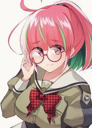  adjusting_eyewear bad_id bad_twitter_id bow bowtie breasts corset female glasses green_hair grey_sailor_collar highres juliet_sleeves kantai_collection katsuobushi_(eba_games) large_breasts long_sleeves multicolored_hair pink-framed_eyewear pink_hair ponytail puffy_sleeves red_bow red_eyes round_eyewear sailor_collar sailor_shirt school_uniform serafuku shirt short_hair simple_background solo streaked_hair ume_(kancolle) upper_body white_background 