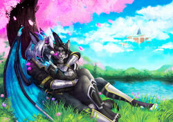  anthro breasts canid canine canis cherry cherry_blossom claws clothed clothing colored crystal detailed detailed_background detailed_fur digital_drawing_(artwork) digital_media_(artwork) digital_painting_(artwork) duo fantasy female fingers flower flying food fruit full-length_portrait fur glowing glowing_eyes glowing_tongue grass hair horn hybrid island lake lips magic male male/female mammal markings mythology open_mouth painting plant portrait prunus_(flower) rizonik smile teeth tongue wings wolf 