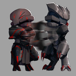  1:1 absurd_res alien armor black_armor boob_armor chibi duo facial_markings female halo_(series) head_markings hi_res jega_&#039;rdomnai leafjuly male male/female markings microsoft punch sangheili xbox_game_studios xyda 