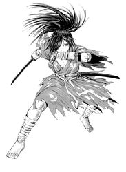  1boy arm_blade barefoot commentary doll_joints dororo_(tezuka) fighting_stance full_body greyscale hair_over_one_eye highres hyakkimaru_(dororo) japanese_clothes joints kimono long_hair making-of_available male_focus monochrome one_eye_covered ponytail sash simple_background solo torn_clothes weapon white_background y_naf 