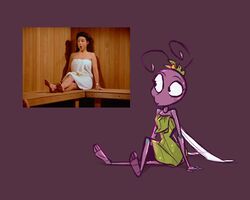  2023 a_bug&#039;s_life ant antennae_(anatomy) anthro arthropod clothed clothing disney elaine_benes female fluttershythekind hi_res human hymenopteran insects mammal markings mole_(marking) pixar princess_atta purple_body reference_image seinfeld sitting solo toony 