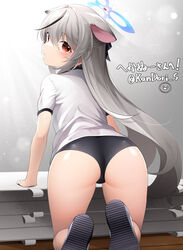  animal_ears ass ass_focus black_buruma black_hair blue_archive buruma commentary_request female from_behind gradient_background grey_background grey_hair gym_uniform halo highres kandori kokona_(blue_archive) long_hair looking_at_viewer looking_back multicolored_hair shirt short_sleeves solo streaked_hair thighs twitter_username white_shirt 