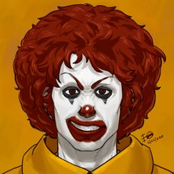  1boy afro agemmata artist_name brown_eyes clown colored_skin commentary dated english_commentary facepaint furrowed_brow grin looking_at_viewer male_focus mask mcdonald&#039;s orange_background photoshop_(medium) portrait red_hair red_pupils ronald_mcdonald signature simple_background smile smirk solo teeth white_skin yellow_theme 