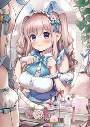  adjusting_bow animal_ears blue_bow blue_bowtie blue_eyes blue_ribbon blush bottle bow bowtie breasts brown_hair closed_mouth desk_lamp fake_animal_ears female flower geshumaro hair_ribbon hands_up highres ivy lamp looking_at_viewer medium_breasts mirror nail_polish_bottle original perfume_bottle pink_flower rabbit_ears reflection ribbon smile solo twintails upper_body wristband 