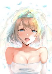  bare_shoulders blue_eyes breasts bridal_veil brown_hair cleavage commentary_request dress feathers female looking_at_viewer love_live! love_live!_sunshine!! open_mouth ponnu_(nikeytina) short_hair simple_background smile solo strapless strapless_dress tiara upper_body veil watanabe_you wedding wedding_dress white_background 