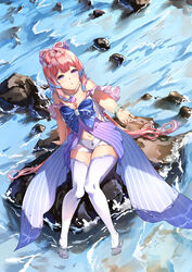  bare_shoulders blue_hair blush bow-shaped_hair breasts chahei cleavage commentary_request female full_body genshin_impact highres multicolored_hair navel no_shoes outstretched_arm parted_lips pink_hair purple_eyes sangonomiya_kokomi shallow_water short_eyebrows short_shorts shorts sitting small_breasts solo thick_eyebrows thighhighs two-tone_hair water white_shorts white_thighhighs 