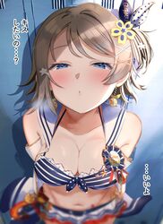  bikini blue_eyes bow breasts brown_hair cleavage collarbone earrings female incoming_kiss jewelry large_breasts locker looking_at_viewer love_live! love_live!_school_idol_festival_all_stars love_live!_sunshine!! navel official_alternate_costume ponnu_(nikeytina) sailor_collar short_hair skirt solo stomach swimsuit watanabe_you wavy_hair white_sailor_collar 