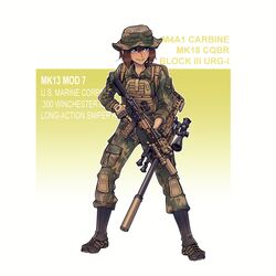  absurdres ai_arctic_warfare assault_rifle blue_eyes bolt_action boots brown_footwear brown_gloves brown_hair camouflage camouflage_headwear camouflage_jacket camouflage_pants closed_mouth english_text female fingerless_gloves full_body geissele_urg-i gloves gun hair_between_eyes hat highres holding holding_gun holding_weapon jacket long_sleeves m4_carbine military military_hat military_uniform mk_18_carbine original pants rifle short_hair simple_background smile sniper_rifle solo standing two-tone_background uniform united_states_marine_corps weapon white_background willy_pete yellow_background 