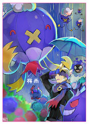  1boy ^_^ black_sweater blonde_hair border closed_eyes closed_mouth commentary_request drifblim drifloon flower flying gastly gengar grin hand_up headband kantarou_(8kan) long_sleeves male_focus medium_hair misdreavus morty_(pokemon) open_mouth pokemon pokemon_(creature) pokemon_hgss purple_eyes purple_headband purple_scarf rain ribbed_sweater scarf smile sweater white_border 