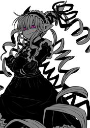  :&gt; absurdres black_dress crossed_arms demon_girl demon_horns dress drill_hair female highres horns limited_palette lolita_fashion looking_to_the_side musuko_ga_kawaikute_shikatanai_mazoku_no_hahaoya nightmare_(mazohaha) pink_eyes pointy_ears ribbon white_background zyugoya 