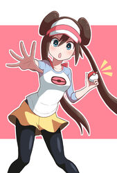  black_pantyhose blue_eyes blush bow breasts brown_hair commentary double_bun female hair_bun highres holding holding_poke_ball legs_apart long_hair looking_at_viewer notice_lines open_mouth outline pantyhose pantyhose_under_shorts pink_bow poke_ball poke_ball_(basic) pokemon pokemon_bw2 raglan_sleeves rosa_(pokemon) shirt short_shorts shorts solo spread_fingers twintails visor_cap yellow_shorts yuu_(vy6wh7hqrrxdxx7) 