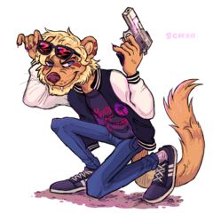  anthro beard blonde_hair brown_body brown_fur eyewear facial_hair facial_markings fur gun hair head_markings herpestid hi_res male mammal markings mongoose ranged_weapon seth_h&auml;ser solo sunglasses supercrazyhyena weapon 