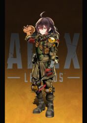  absurdres animal_on_arm apex_legends artpatient axe black_footwear bloodhound_(apex_legends) bloodhound_(apex_legends)_(cosplay) boots brown_jacket cosplay cowlick female fur_trim glowing glowing_eyes green_eyes hair_behind_ear highres holding holding_axe hololive jacket knee_pads logo long_hair looking_at_viewer matsurisu natsuiro_matsuri raven&#039;s_bite solo standing virtual_youtuber 