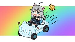  :d ahoge amashiro_natsuki animal_ear_fluff animal_ears bad_id bad_twitter_id black_camisole black_collar blue_eyes blush_stickers camisole cat_ears character_name chibi collar commentary_request crown driving female grey_hair long_hair long_sleeves nachoneko off_shoulder open_mouth original rainbow_gradient shirt smile solo striped_clothes striped_shirt v-shaped_eyebrows very_long_hair wide_sleeves 