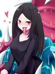  black_dress black_hair breasts collarbone commentary_request dress female heart highres long_hair long_tongue looking_at_viewer mimic mimic_chest minelli_(mon-musu_quest!) mon-musu_quest! monster_girl open_mouth raichi_(ddq0246) red_eyes saliva sharp_teeth simple_background slime_(substance) solo teeth tongue tongue_out white_background 