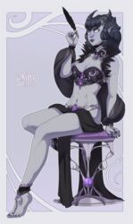  2020 black_hair breasts cleavage clothed clothing demon digital_media_(artwork) female grey_body grey_skin hair hi_res horn humanoid katerezonate midriff navel navel_pendant navel_piercing not_furry piercing skimpy solo 