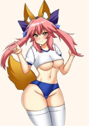  4chan animal_ear_fluff animal_ears asortofcolorfag blue_buruma blue_ribbon blush breasts buruma fate/grand_order fate_(series) female fox_ears fox_girl fox_shadow_puppet fox_tail groin gym_uniform hair_ribbon highres large_breasts looking_at_viewer navel pink_hair ribbon shirt smile solo split_ponytail tail tamamo_(fate) tamamo_no_mae_(fate/extra) underboob white_shirt yellow_eyes 