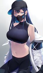  bare_shoulders baseball_cap black_hat black_pants blue_archive blue_eyes blue_hair breasts clothes_around_waist crop_top female gradient_background hat highres jacket jacket_around_waist kameponde long_hair looking_at_viewer mask medium_breasts mouth_mask navel pants saori_(blue_archive) simple_background solo stomach very_long_hair white_jacket 