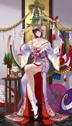  absurdres alternate_costume amagi_(azur_lane) animal_ear_fluff animal_ears azur_lane bare_shoulders breasts bride chinese_commentary cleavage commentary_request female floral_print flower folding_fan frozen-sad full_body hand_fan highres holding holding_fan japanese_clothes kimono large_breasts long_hair long_sleeves looking_at_viewer oil-paper_umbrella paper_fan pink_flower pink_umbrella purple_eyes purple_umbrella red_umbrella reflection reflective_floor sandals see-through shiromuku sitting socks solo tabi uchikake umbrella very_long_hair wataboushi white_kimono white_socks wide_sleeves zouri 