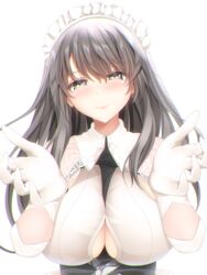  azur_lane between_breasts black_necktie breasts charybdis_(azur_lane) clothing_cutout female gloves grey_eyes grey_hair hair_between_eyes highres large_breasts long_hair looking_at_viewer maid_headdress momijizuki_luna necktie necktie_between_breasts simple_background solo underboob underboob_cutout upper_body white_background white_gloves 