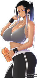  bad_id bad_pixiv_id black_hair blue_hair bottle breasts chestnut_mouth cleavage commentary_request cowboy_shot crop_top dark-skinned_female dark_skin earrings female gradient_hair grey_sports_bra highres hoop_earrings huge_breasts jewelry long_hair looking_at_viewer midriff multicolored_hair nail_polish naomi_kouno_flores original pants parted_lips ponytail purple_eyes solo sports_bra sueyuu sweat sweatband twitter_username water_bottle web_address wireless_earphones yoga_pants 