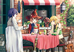  +_+ 1boy 2girls :d ahoge animal_ears arm_support arrow_(projectile) backpack bag black_eyes black_hair blonde_hair blue_eyes brick_wall brown_eyes brown_hair cat_ears chair coat commentary_request cup detached_sleeves ebiri_fy hair_between_eyes hat head_rest highres holding holding_cup index_finger_raised long_hair long_sleeves low_ponytail midriff multiple_girls open_mouth original own_hands_together parfait pointy_ears scroll short_hair sidelocks sitting smile sparkling_eyes sword symbol-shaped_pupils table teacup terrace weapon white_coat witch_hat 