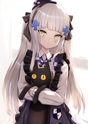  aged_down animal_hug apron black_apron black_cat black_hairband black_headwear bow checkered_bow checkered_clothes checkered_headwear closed_mouth collared_dress commentary dress english_commentary facial_mark feline female frilled_apron frills girls&#039;_frontline green_eyes hairband highres hk416_(black_kitty&#039;s_gift)_(girls&#039;_frontline) hk416_(girls&#039;_frontline) long_hair looking_at_viewer nekoya_(liu) official_alternate_costume signature solo tilted_headwear twitter_username very_long_hair white_dress white_hair 