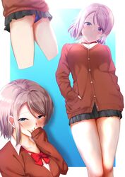  ass blue_eyes blush brown_hair female from_below long_sleeves looking_at_viewer love_live! love_live!_sunshine!! multiple_views ponnu_(nikeytina) short_hair smile sweater swimsuit swimsuit_under_clothes thighs watanabe_you 