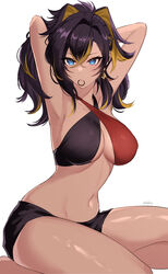  absurdres animal_ears armpits arms_behind_head arms_up bare_arms black_hair blonde_hair blue_eyes breasts criss-cross_halter crossed_bangs dark-skinned_female dark_skin dehya_(genshin_impact) female genshin_impact hair_between_eyes hair_tie_in_mouth halterneck highres large_breasts looking_at_viewer looking_back mouth_hold multicolored_hair navel revision sakotach simple_background sitting solo stomach streaked_hair thighs white_background 