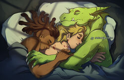  2020 acid_burns anthro bed blonde_hair braided_hair dark_body dark_skin female furniture green_body green_scales group hair hi_res human interspecies kyle_(she-ra) lizard lonnie_(she-ra) male male/female male/male mammal masters_of_the_universe mattel netflix on_bed pigeon_blue reptile rogelio_(she-ra) scales scalie scar she-ra_(copyright) she-ra_and_the_princesses_of_power sleeping unavailable_at_source under_covers 