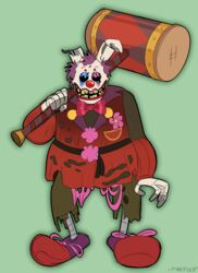  2020 5_fingers animatronic anthro big_shoes big_teeth blue_eyes bottomwear bow_tie clothed clothing clown clown_nose clown_springtrap_(fnaf) fingers firefoop five_nights_at_freddy&#039;s five_nights_at_freddy&#039;s_3 five_nights_at_freddy&#039;s_ar flower footwear full-length_portrait green_background hair half-closed_eyes hammer hi_res lagomorph leporid lips long_ears looking_at_viewer machine male mammal metal metallic metallic_body multicolored_eyes narrowed_eyes notched_ear open_mouth pants plant portrait purple_eyes purple_hair rabbit red_lips red_nose robot rotten_teeth scottgames sewn_eyelid shirt shoe_laces shoes short_hair signature simple_background smile solo springtrap_(fnaf) standing teeth tools topwear uniform weapon white_body wire 