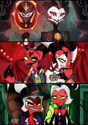  alcohol anthro avian beverage bird blitzo_(helluva_boss) bow_(feature) bow_ribbon bruised cash_buckzo chair clothing clown clown_costume clown_makeup clown_nose container crimson_(helluva_boss) crown cup detailed_background father_(lore) father_and_child_(lore) father_and_son_(lore) formal_clothing formal_wear furniture grey_hair group hair happy hat headgear headwear helluva_boss hi_res holding_mirror holding_object horn imp looking_at_viewer looking_away male mirror moxxie_(helluva_boss) night orangeembraceee owl owl_demon paimon_(helluva_boss) parent_(lore) parent_and_child_(lore) parent_and_son_(lore) red_eyes short_hair sitting sky smile son_(lore) star starry_sky stolas_(helluva_boss) white_hair wine yellow_eyes 