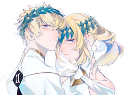  1boy back bare_shoulders black_shirt blonde_hair blue_eyes breasts brother_and_sister castor_(fate) closed_mouth collarbone commentary diadem expressionless fate/grand_order fate_(series) female looking_at_viewer medium_hair pollux_(fate) robe shikiri shirt short_hair siblings simple_background small_breasts symbol-only_commentary twins white_background white_robe 