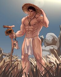  1boy abs alternate_costume bara black_hair bulge feet_out_of_frame grass hat loincloth looking_to_the_side male_focus muscular muscular_male navel nipples outdoors pectorals ryu_(street_fighter) short_hair solo standing stomach straw_hat street_fighter sunlight sweat thick_eyebrows thighs topless_male translation_request yuiofire 