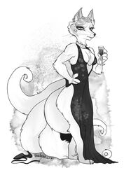  2023 anthro canid canine clothing digitigrade dress female footwear fox hair hand_on_hip hi_res high_heels holding_wine_glass implied_transformation looking_at_viewer mammal monochrome nakitacat shirt solo standing topwear whiskers 