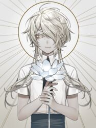  1other androgynous colored_eyelashes commentary flower gem_uniform_(houseki_no_kuni) ghost_quartz_(houseki_no_kuni) grey_eyes grey_theme hair_over_one_eye halo highres holding holding_flower houseki_no_kuni looking_at_viewer lotus necktie other_focus short_hair short_hair_with_long_locks smile solo ultracat upper_body white_eyes white_flower white_hair white_lotus 