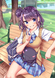  alternate_uniform bag bench blue_bow blue_eyes blue_neckwear blue_skirt blush bow bowtie breasts brick_floor bridge brown_sweater_vest clenched_teeth collared_shirt commentary_request crossed_legs day eyes_visible_through_hair fate/grand_order fate_(series) feet_out_of_frame female grass hair_bun hair_ornament head_tilt highres index_finger_raised katsushika_hokusai_(fate) looking_at_viewer medium_breasts miniskirt nose_bubble octopus on_bench on_lap outdoors plaid plaid_bow plaid_neckwear plaid_skirt pleated_skirt purple_hair river sahara386 school_bag school_uniform shirt short_sleeves single_hair_bun single_side_bun sitting skirt sleeping smile sweater_vest teeth tokitarou_(fate) tree water white_shirt wing_collar 