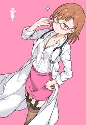  asymmetrical_bangs belt breasts brown_eyes brown_hair brown_legwear cleavage collarbone collared_shirt commentary doctor expressionless female garter_straps glasses haimura_kiyotaka highres jewelry lab_coat lace-trimmed_legwear lace_trim long_sleeves medium_hair misaka_imouto misaka_imouto_10032 necklace official_alternate_costume pencil_skirt pink-framed_eyewear pink_background pink_belt pink_skirt semi-rimless_eyewear shirt skirt sparkle stethoscope symbol-only_commentary syringe thighhighs thighs toaru_kagaku_no_railgun toaru_majutsu_no_index toaru_majutsu_no_index:_imaginary_fest under-rim_eyewear white_shirt 