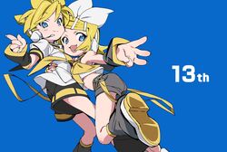  1boy anniversary arm_around_waist arm_warmers bare_shoulders black_sailor_collar black_shorts black_sleeves blonde_hair blue_background blue_eyes bow commentary crop_top female grey_sailor_collar grey_shorts grey_sleeves hair_ornament hairbow hairclip headphones headset hug index_finger_raised kagamine_len kagamine_rin leg_warmers looking_at_viewer neckerchief necktie oerba_yun_fang open_mouth protected_link sailor_collar satou_asuka school_uniform shirt short_hair short_ponytail short_shorts short_sleeves shorts shoulder_tattoo skin_fang sleeveless sleeveless_shirt smile spiked_hair swept_bangs tattoo vocaloid w white_bow white_shirt yellow_neckerchief yellow_necktie 