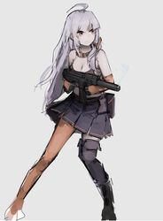  ahoge asymmetrical_legwear bikini bikini_top_only black_legwear black_skirt breasts cleavage closed_mouth commentary elbow_gloves female full_body girls&#039;_frontline gloves grey_background gun highres holding holding_weapon long_hair miniskirt orange_eyes orange_gloves orange_legwear rampart1028 simple_background single_thighhigh skirt smoke smoking_barrel solo spectre_m4 spectre_m4_(girls&#039;_frontline) standing submachine_gun swimsuit thighhighs uneven_legwear weapon white_hair 