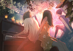  2boys absurdres bad_id bad_pixiv_id black_pants brown_hair candle dress female fire fireworks highres indoors instrument lantern looking_away macaronk multiple_boys music original pants piano piano_bench plant playing_instrument shirt sitting sleeveless vines white_shirt window yellow_dress 